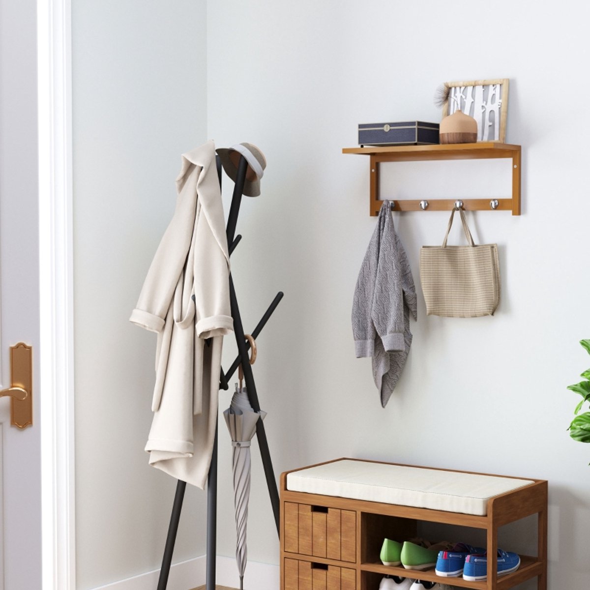 FloraGrace Wandgarderobe - 50 x 16 x 17,5 cm - Met Plank en 4 Haken - Bamboe - Naturel - Wandmontage voor Hal, Badkamer en Keuken