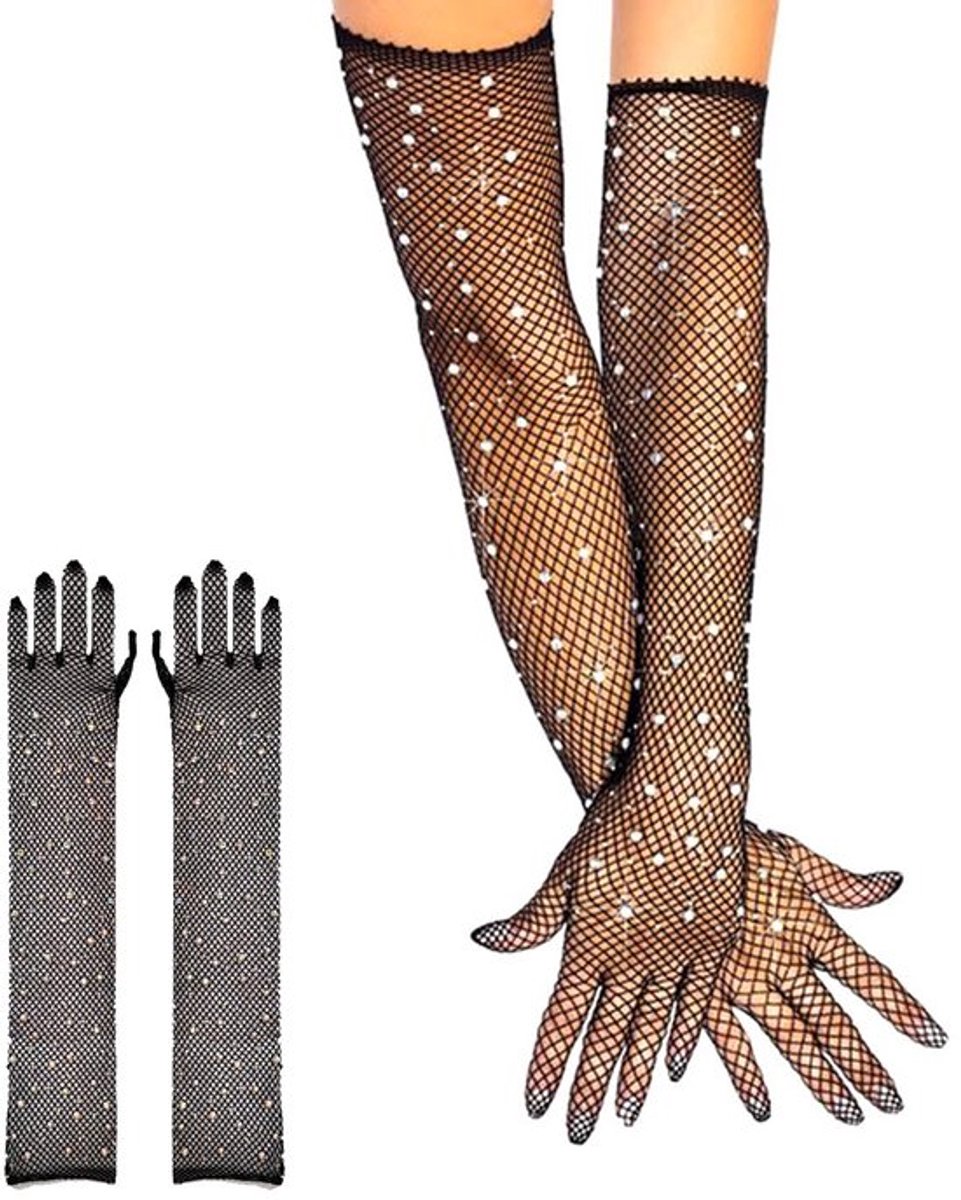 Dameshandschoenen Lange Nethandschoenen - Strass-steentjes - Zwart - Ademend - Comfortabel - 45 cm Lengte - Handschoenen