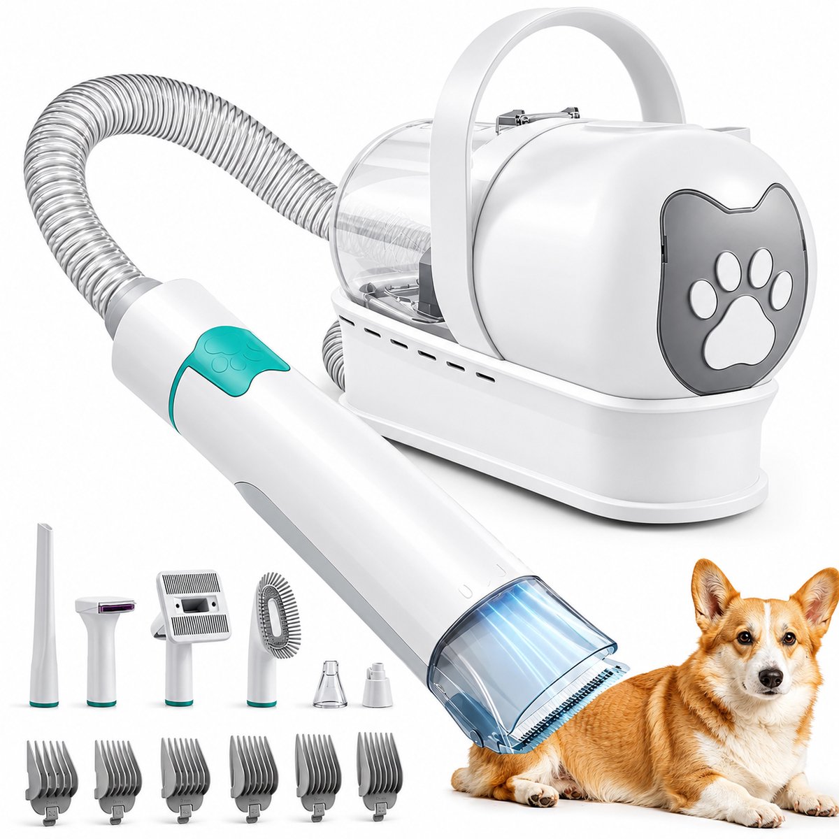 DPLUNIQ Hondentondeuse - Stofzuiger - Hondentrimmer - Hond en Kat - Multifunctioneel - Verstelbaar - Stil - 7 in 1 - Wit