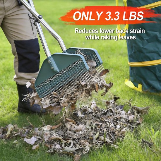 Bladgrijper met Lange Steel 93 cm - Bladschep & Bladhark - 43,2 cm Brede Grijper - Tuinafval Grijper voor Bladeren Gras & Takjes - RVS Steel - Groen — afbeelding 4