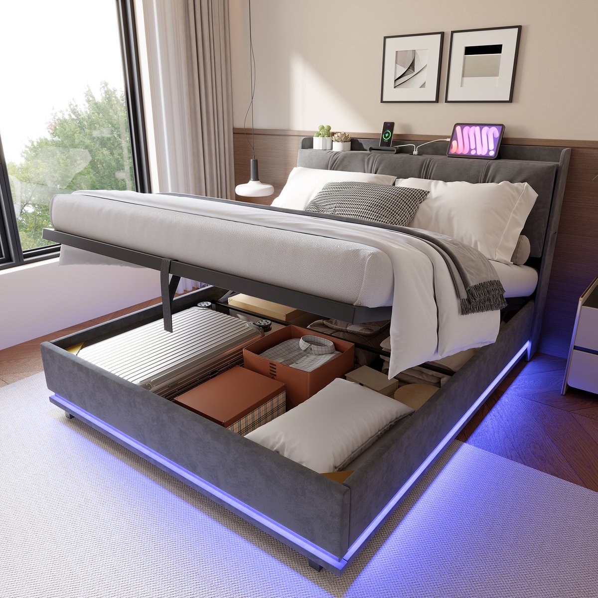Opbergbed 160x200 cm met ledverlichting, Gewatteerd hoofdeinde met USB-poorten, Tweepersoonsbed met lattenbodem, fluweel Grijs
