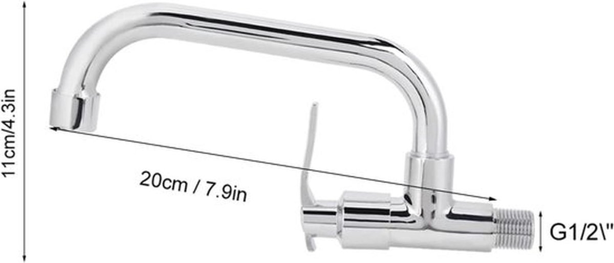 Kraan voor de keuken - Wandgemonteerd - Messing behuizing - Roestvrijstalen buis - Thuiskeuken - Enkele koudwaterkraan - Geschikt voor muurmontage - Zilverkleurig 20cm.