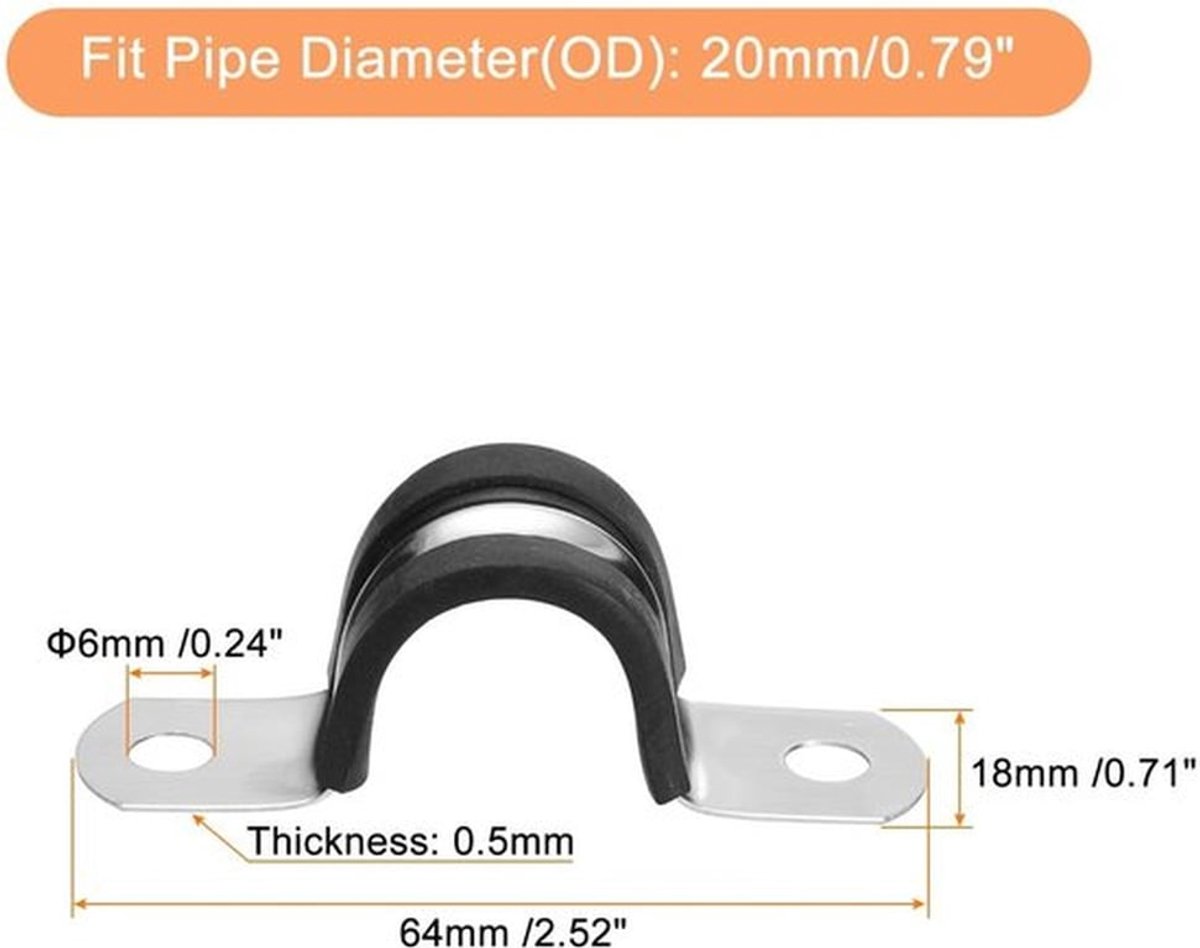 Kabelklem 12 Stuks - U-vormige Beugel - 20 mm - Roestvrij Staal/Rubber - Duurzaam/Corrosiebestendig - Voor Bevestiging Pijpen - Slangklem