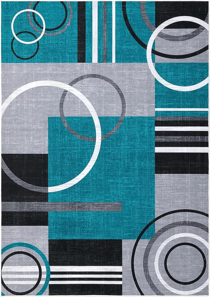 Vloerkleed geometrisch modern wasbaar antislip 80x150 cm blauwgroen voor woonkamer