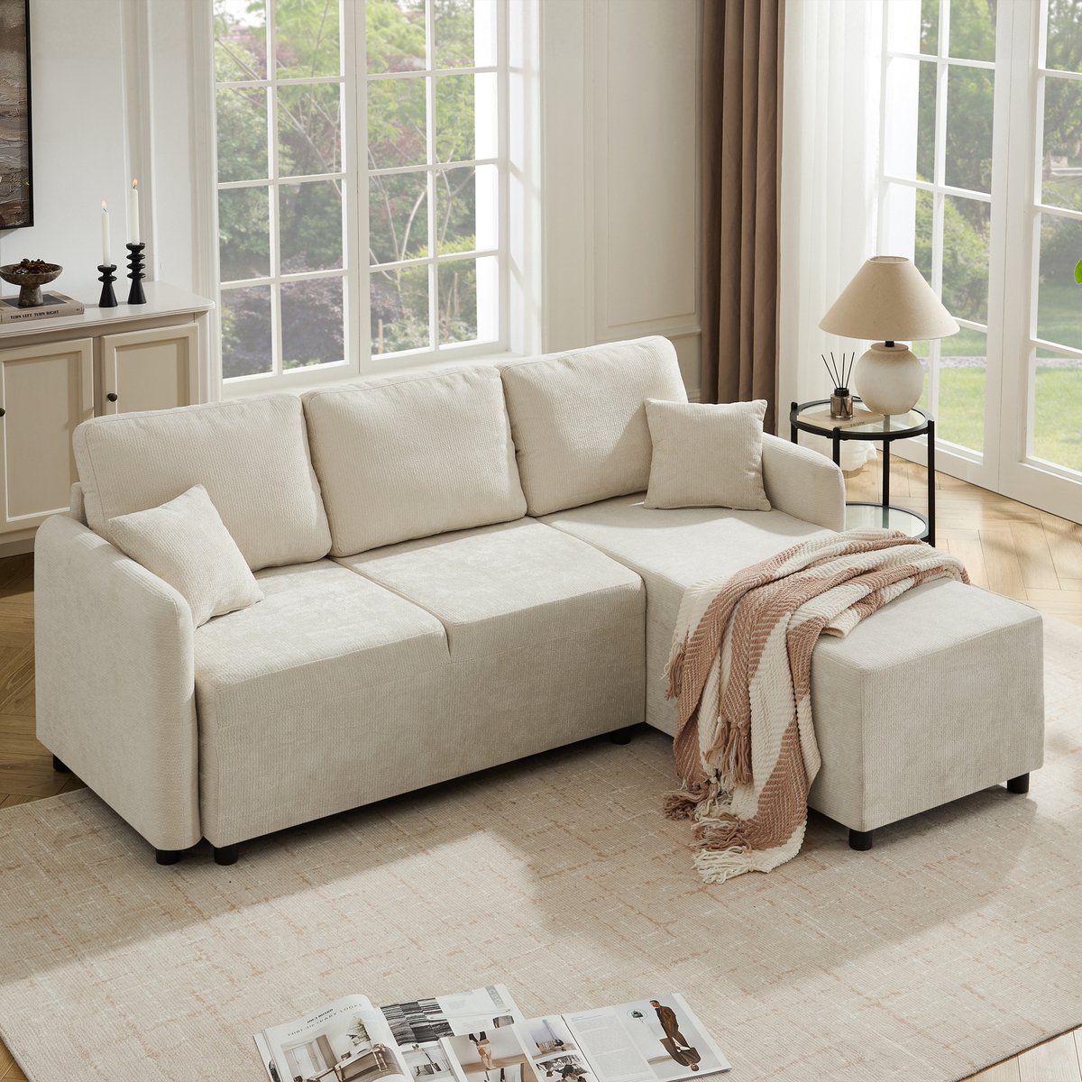 MODFU - Hoekbank - L-Form - Chenille - Licht Beige - 3 Zitplaatsen - 187,5 Cm