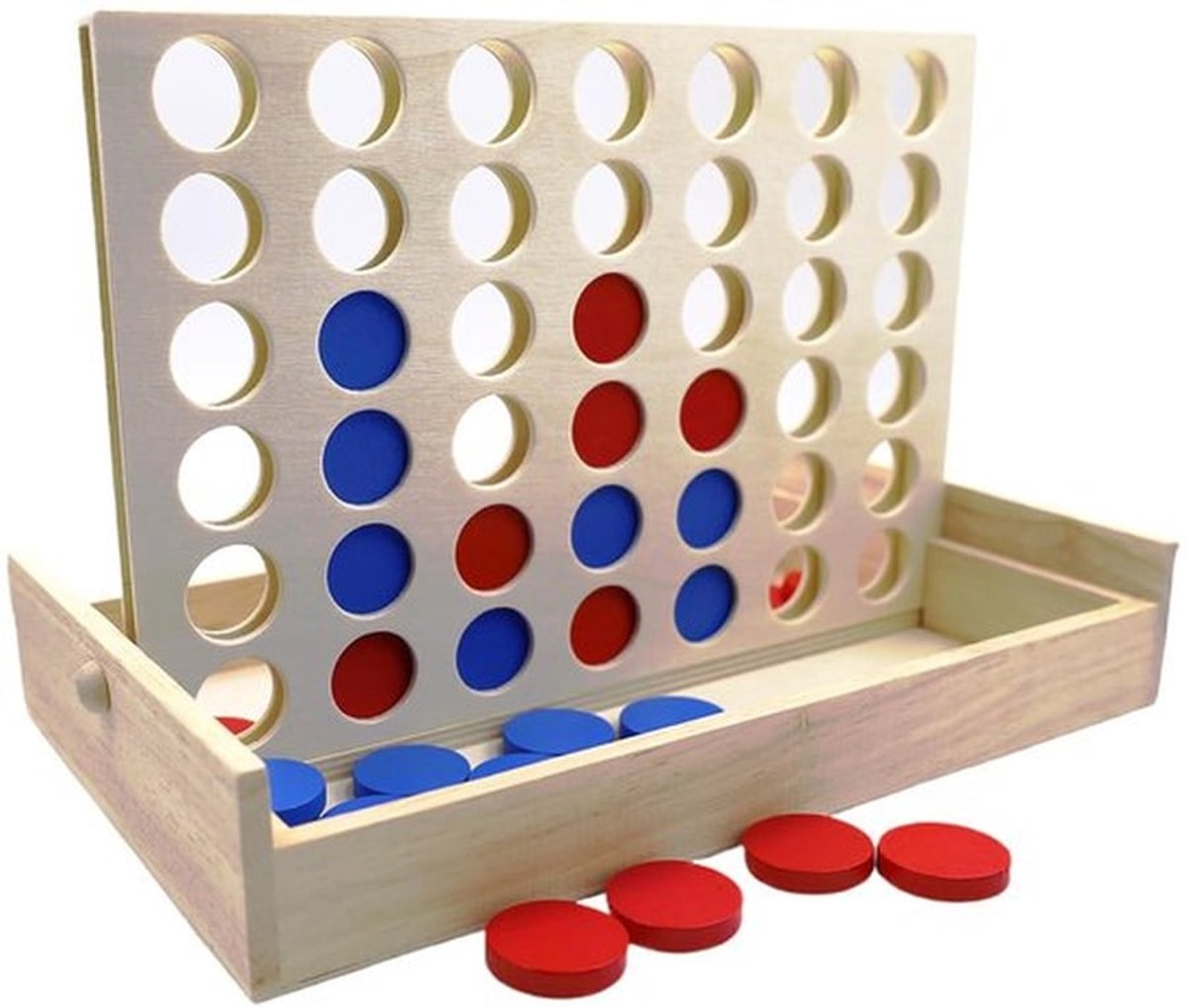 Bordspel 4 Wint Hout - Strategisch Spel voor 2 Spelers - Houten Kist - Eiken Deksels - Pedagogisch Speelgoed - Compacte Opberging - Strategiespel