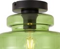 Close-up van het zwarte montageblok van de groene glazen plafondlamp met zichtbare bedrading.