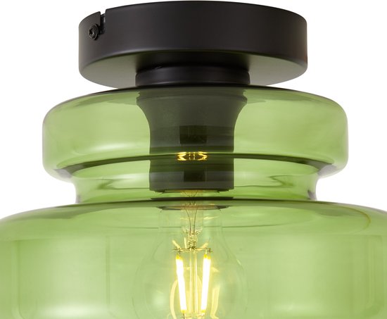 Close-up van het zwarte montageblok van de groene glazen plafondlamp met zichtbare bedrading.