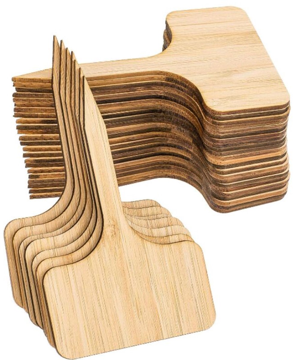 50 bamboe plantenlabels, T-vormige houten plantenlabels, tuinmarkeringen, geschikt voor zaaipotten, kruiden, bloemen en groenten (6 x 10 cm)