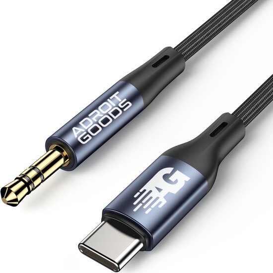 Câble noir avec connecteurs jack 3,5 mm plaqué or et USB-C avec logos Adroit Goods.