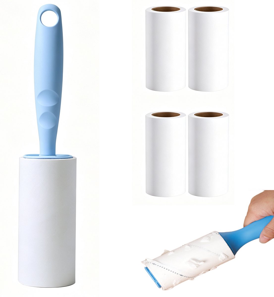 Plakkerige dierenhaarroller - Pluisroller - Draagbare pluizenroller - Pluisverwijderingsroller - 32cmx4.6cm - Blauw - Geschikt voor dierenhaar - Inclusief 5 navullingen