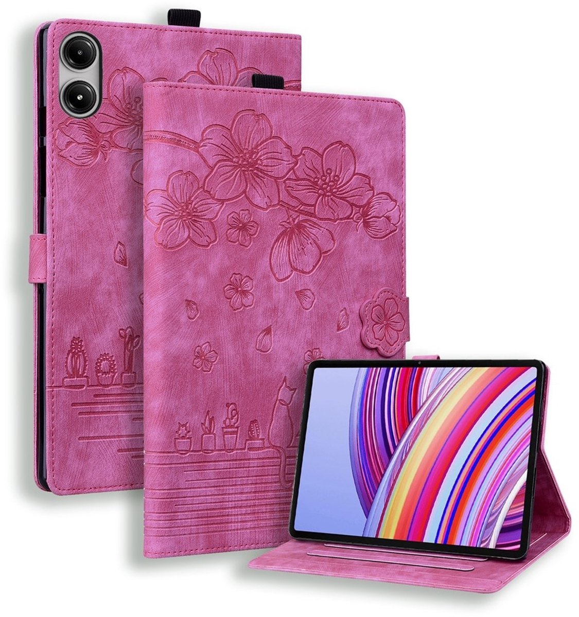Coverup Tablethoes geschikt voor Xiaomi Redmi Pad 2 Pro / Pad Pro Hoesje - Flowers & Cat Book Case - Pink