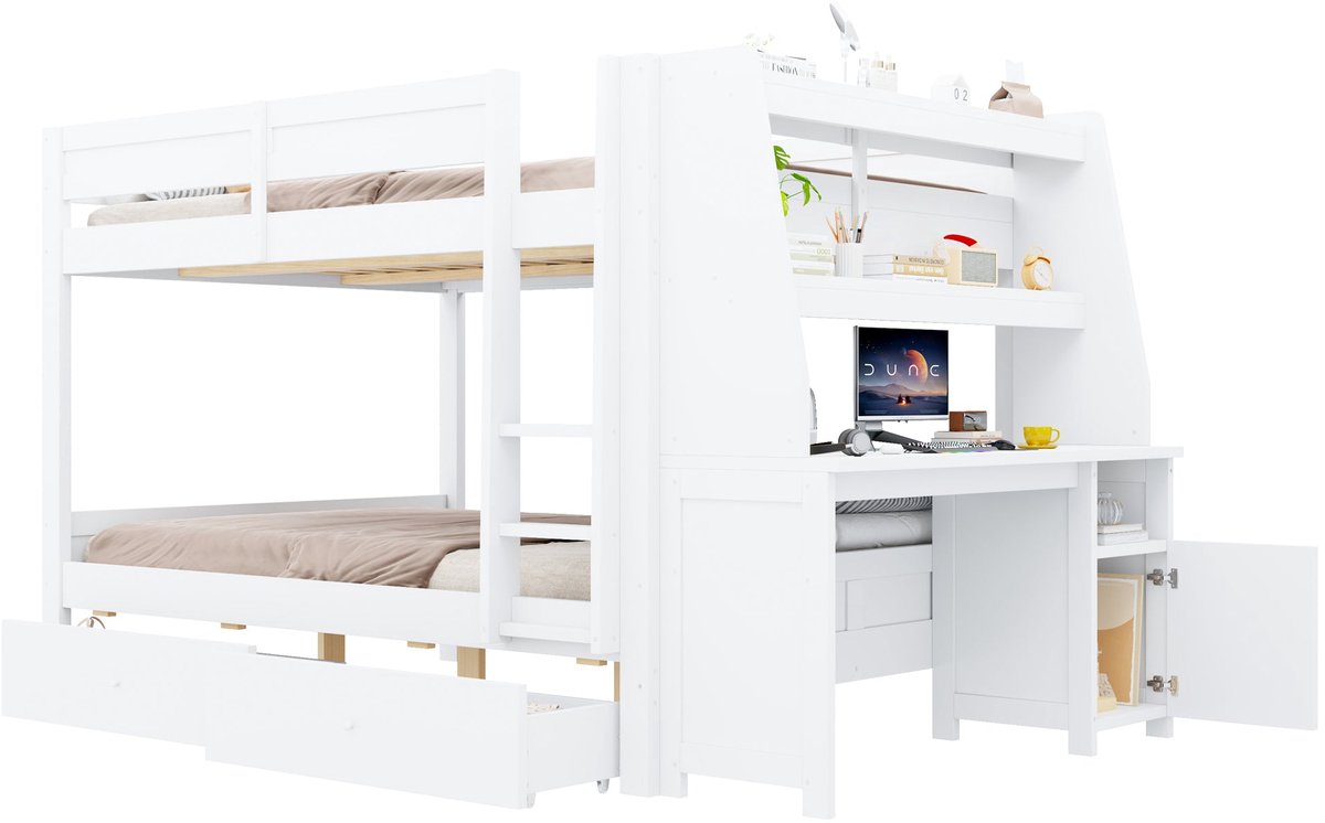 Merax Houten Stapelbed 140 x 200 cm - Met Bureau - Opbergkast - 2 Lades - Opbergvakken - Ladder - Veiligheidshek - Wit