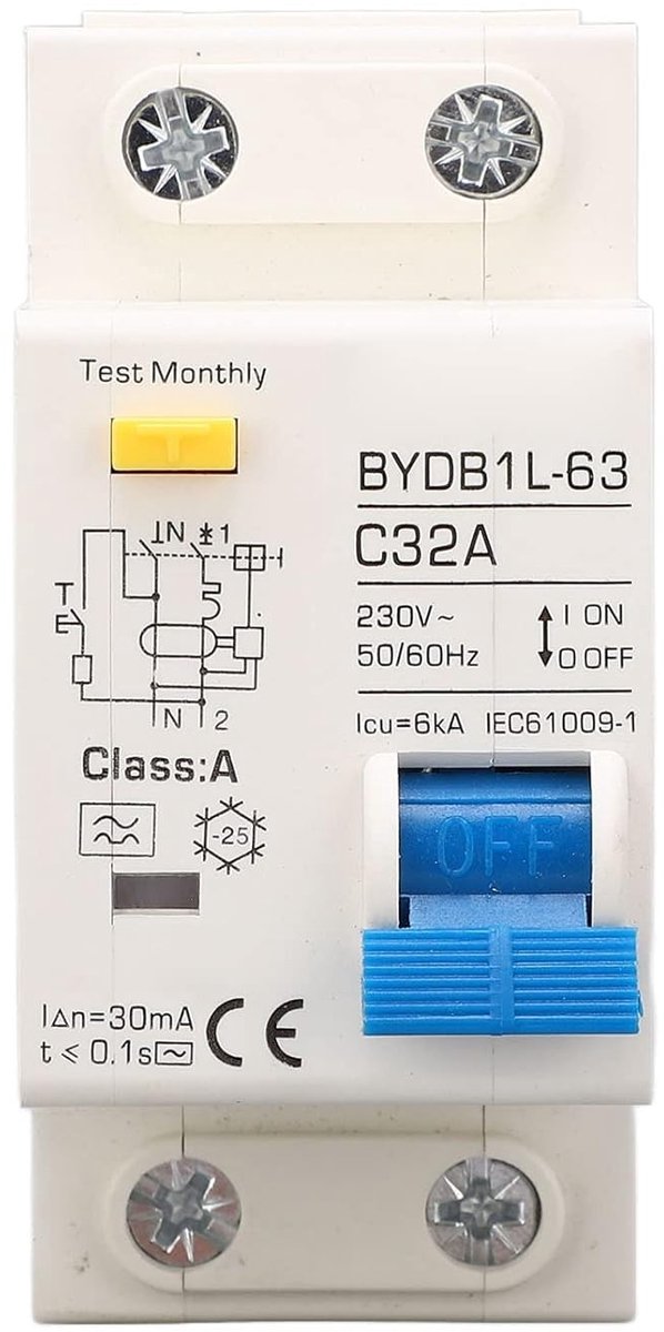 Miniatuur Automatische Zekeringsschakelaar 230 V, 30 mA, 32 A, 1P N met Aardlekbeveiliging, Overloadbeveiliging en Luchtbeveiliging voor Elektrische Installaties