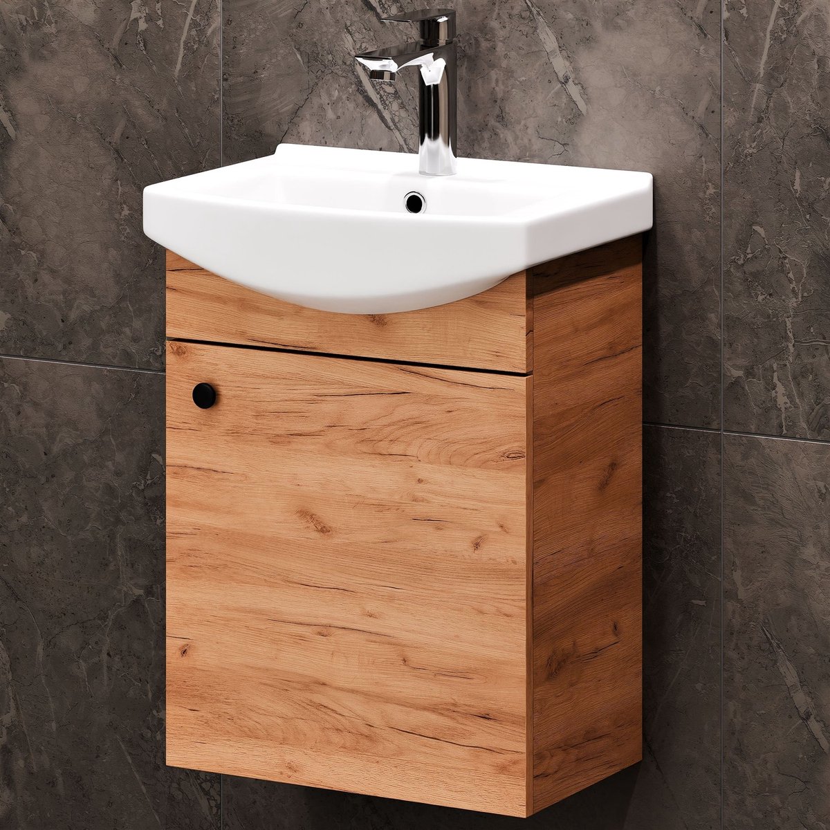 Planetmöbel Badkamermeubel Set 45 cm – Goud Eiken – Keramische Wastafel met Chroomkleurige Kraan – Wandhangend – Soft-Close