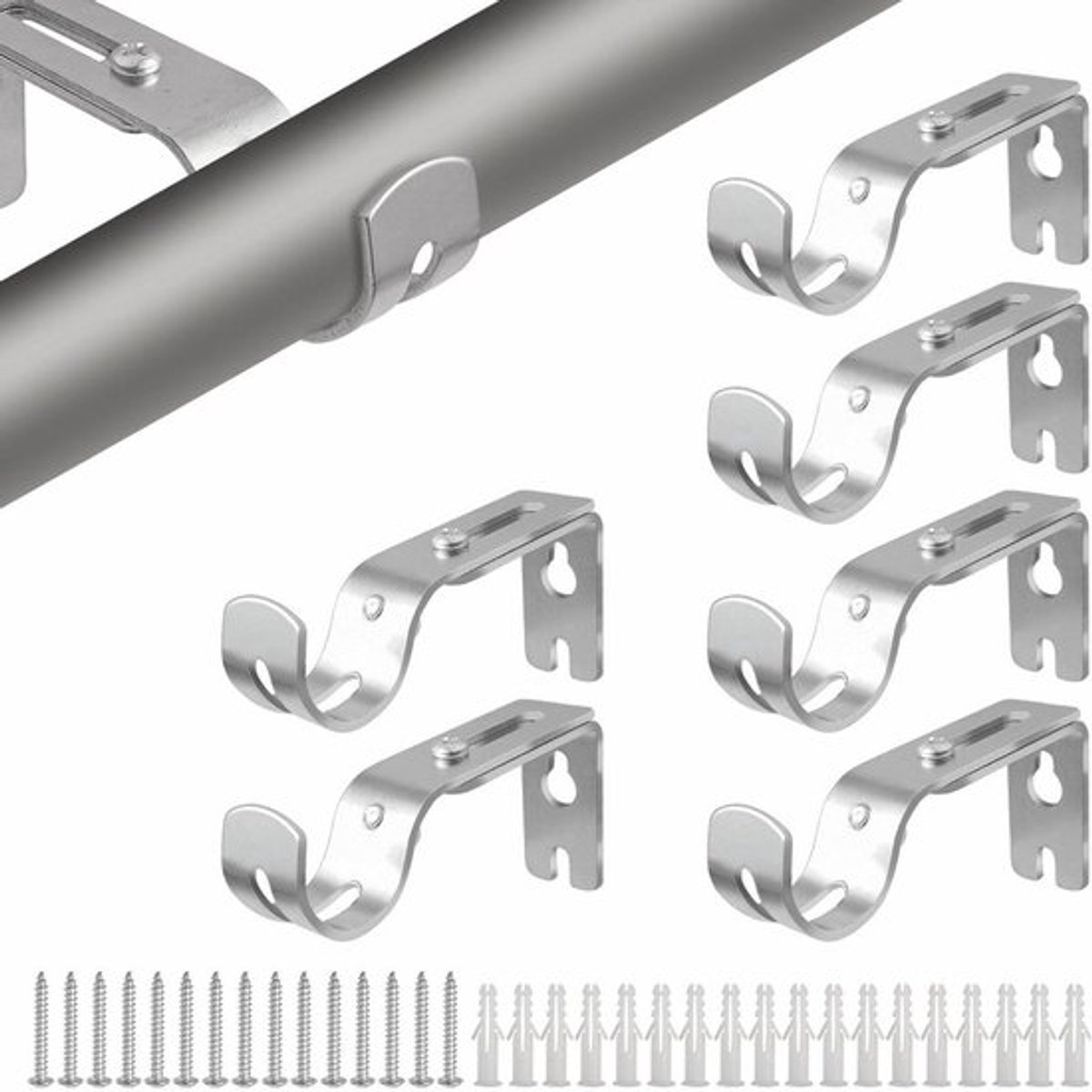 Zware gordijnroede houders - set van 6 - verstelbare beugels voor 25 mm stangen - zilver - inclusief schroeven - voor thuis, slaapkamer, kantoor en muurpalen