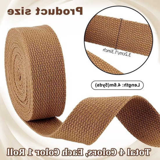 4-pack 18,3 m katoenen webbing naaigaren - 32 mm sterk poly-katoen lint - oker/beige/blauw/groen - eenvoudig lint voor casual gelegenheden en creatieve projecten — afbeelding 3