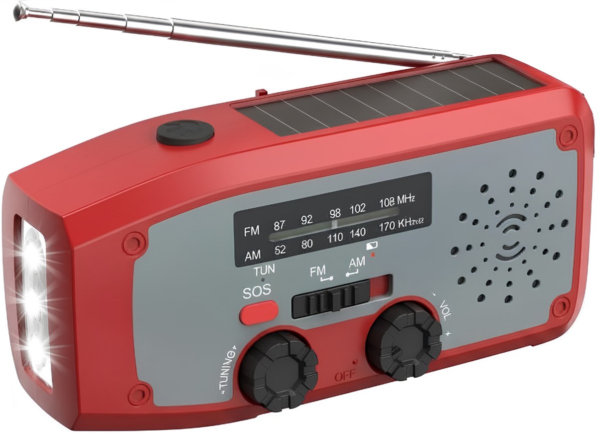 KIRA® Radio - Draagbare Radio met Zaklamp & Powerbank - Noodradio op Batterijen & Zonne-energie - Rood - 15cmx 8cmx 6cm