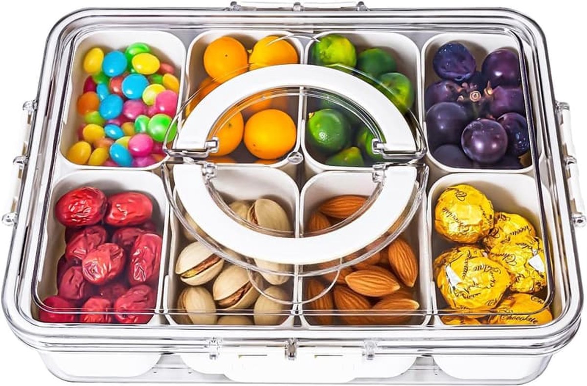 Individueel verpakte snackdoosjes, snackbakjes met vakjes, deksels en handvatten, met 8 uitneembare vakjes, herbruikbare snackdoosjes Geschikt voor het bewaren van kruiden, snoep, fruit, noten, enz.