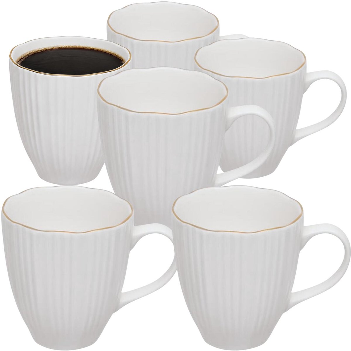 Secret de Gourmet koffie kopjes - Soho - 6x stuks - wit/goud - 360 ml - mokken - porselein - met stijlvol decoratie motief