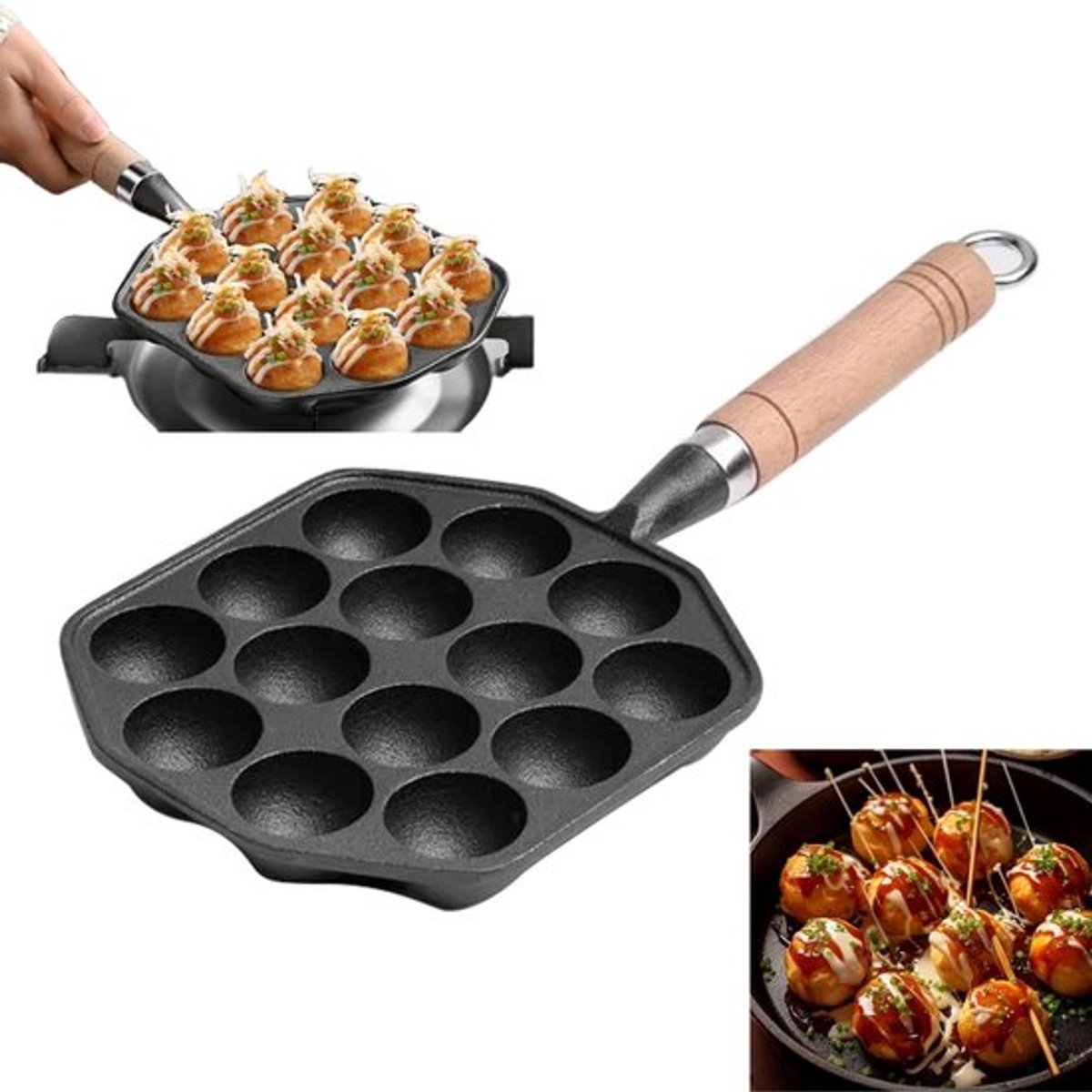 Takoyaki Pan Gietijzer - 14 Gaten - Anti-aanbak - Aebleskiver/Poffertjespan - Gelijkmatige Warmtegeleiding - Afneembaar Handvat - Pannen