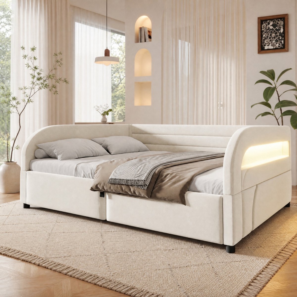 Bed 140x200cm Zonder Matras Met Opbergruimte En Lichtstrip Gevoerd Platformbed Voor Slaapkamer En Logeerkamer Stof MDF Beige