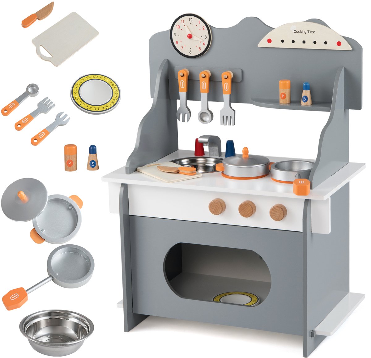 COSTWAY Kinderkeuken, hout, speelkeuken met klok, fornuis, kruidenrek, kraan, gootsteen en oven, speelgoedkeuken incl. 12 accessoires, keukenspeelset voor kinderen vanaf 2 jaar (grijs)