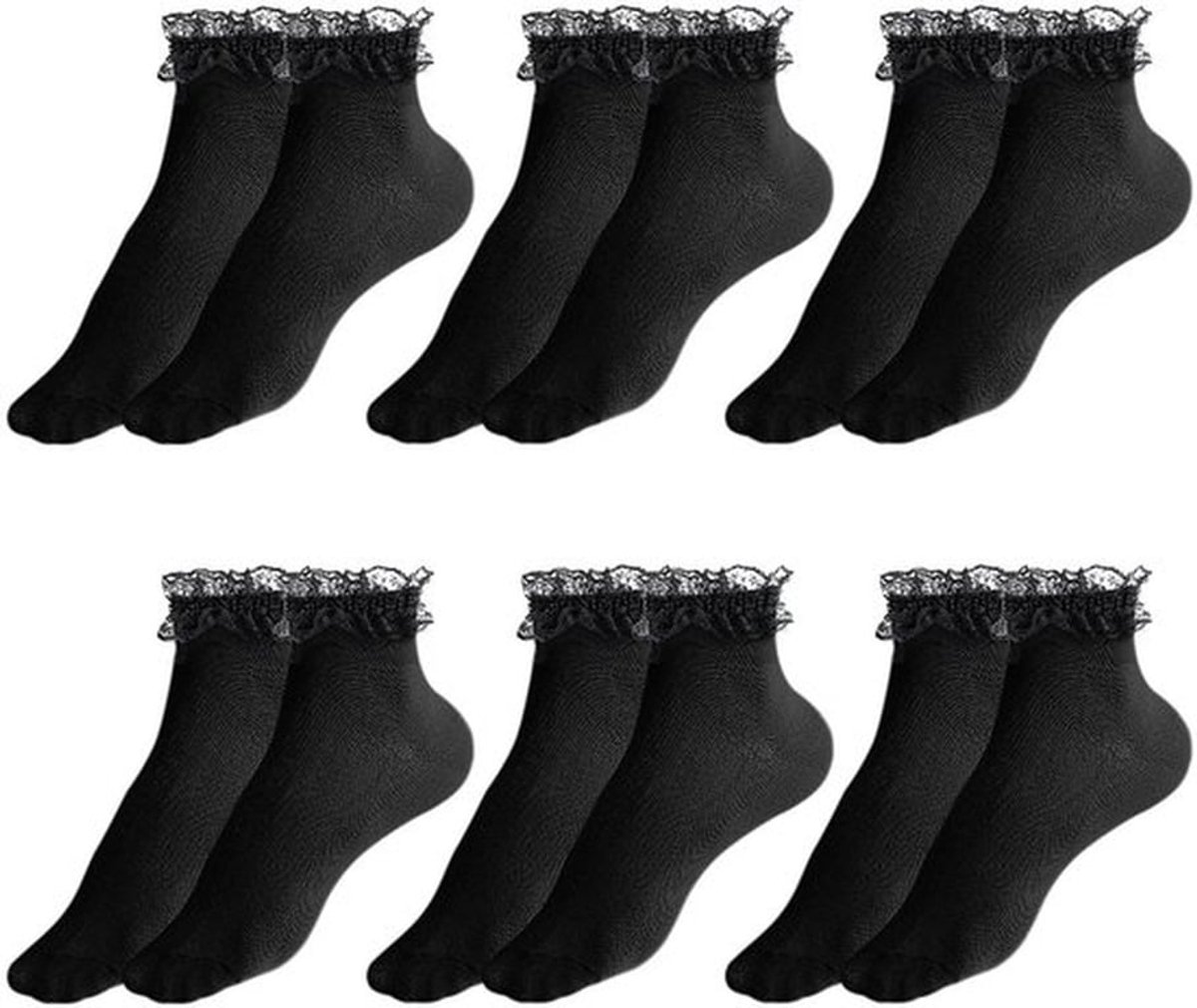 Enkelsokken 6 Paar - Zwarte Katoenen Sokken - Ruche Sokken - Kanten Sokken - Ballet Sokken - Voor Dames en Meisjes