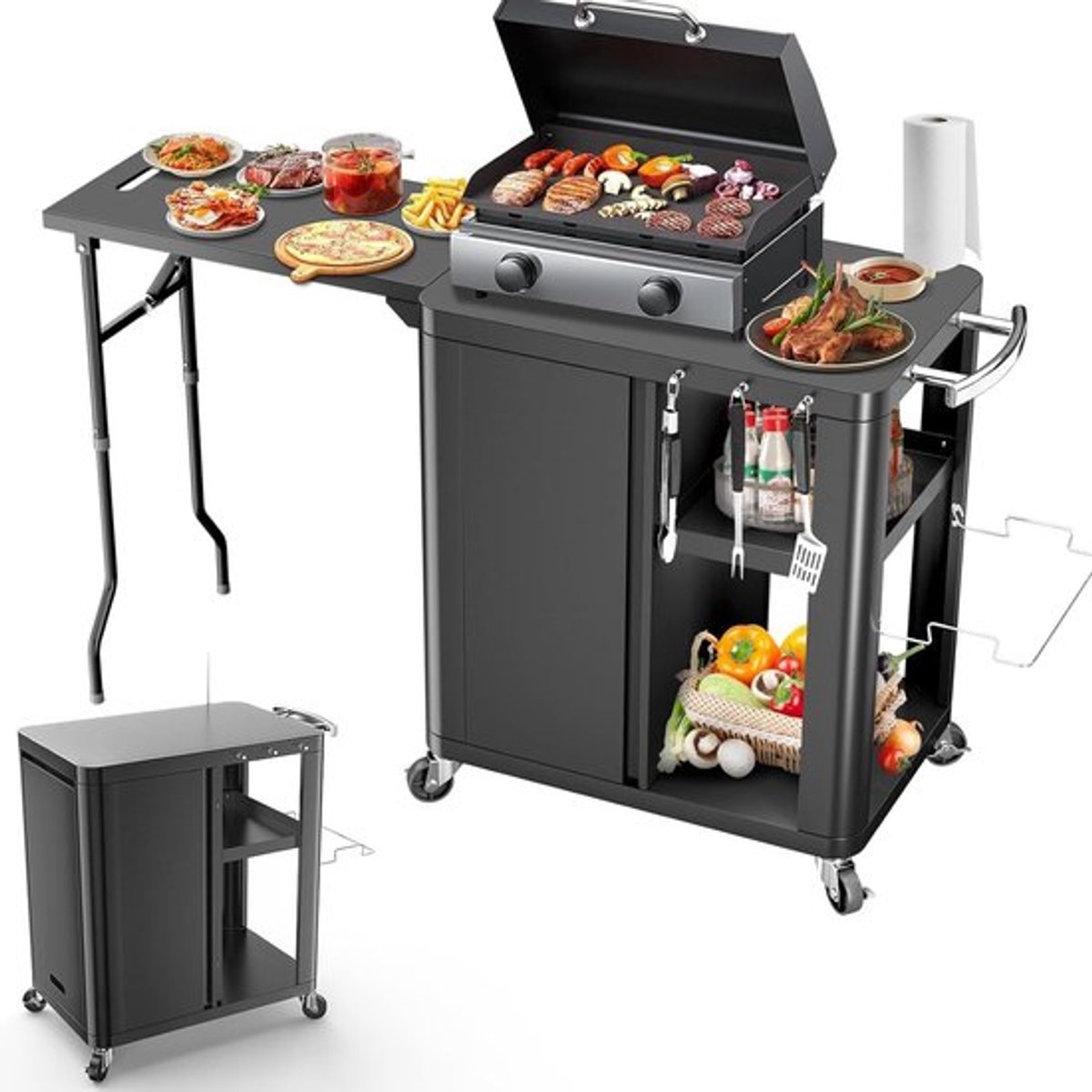 Grill trolley met opklapbare zijtafel, multifunctionele buitenkeuken met opbergruimte en wielen, 143 x 37 x 89 cm