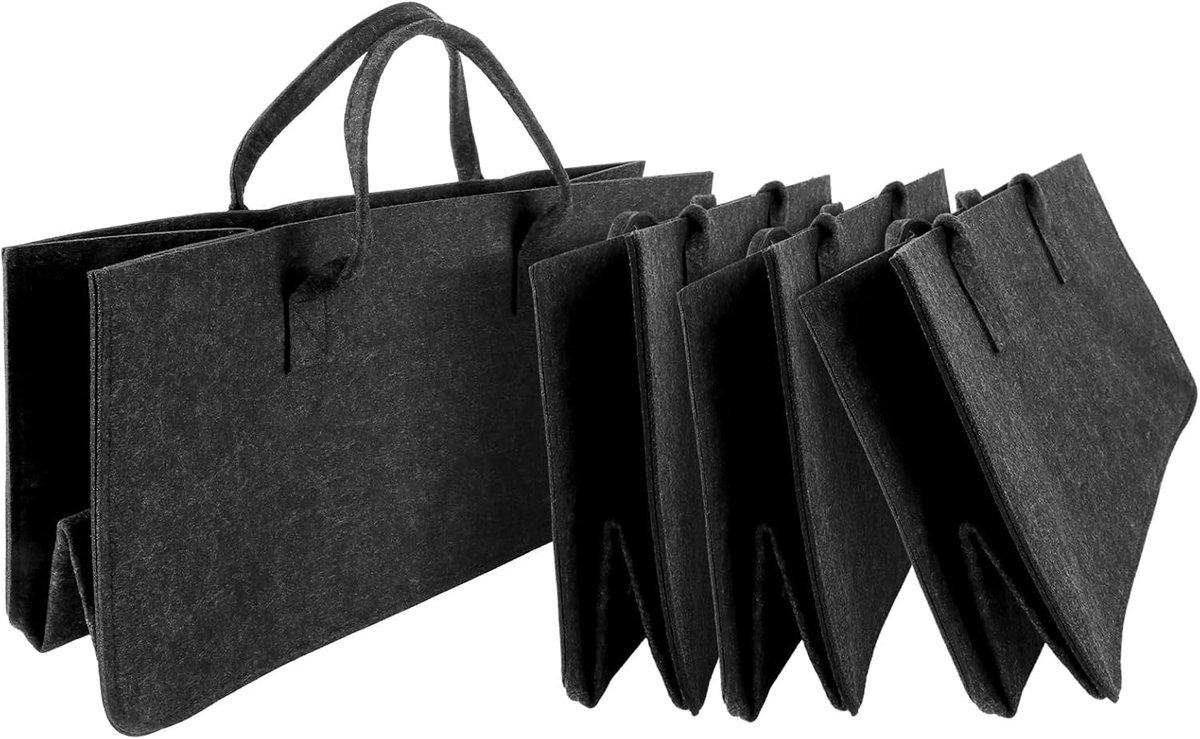 Set van 6 Vilt Tassen - Robuuste Shopper en Houten Mand voor Haardhout met Handvatten, 50 x 25 x 25 cm, Grijs, Capaciteit 30 Liter, Ideaal voor Boodschappen en Opslag