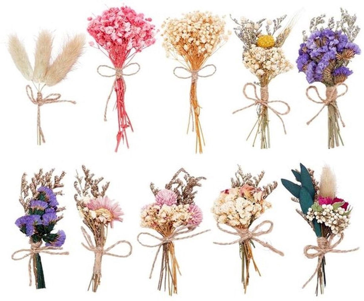 Gedroogde Bloemen 10 Stuks - Mini Droogbloemboeketten - Kunstbloemen - Vaas Decoraties - Bruiloft/Herfst Feest - Afmetingen 10,5-19,5 cm - Droogbloemboeket