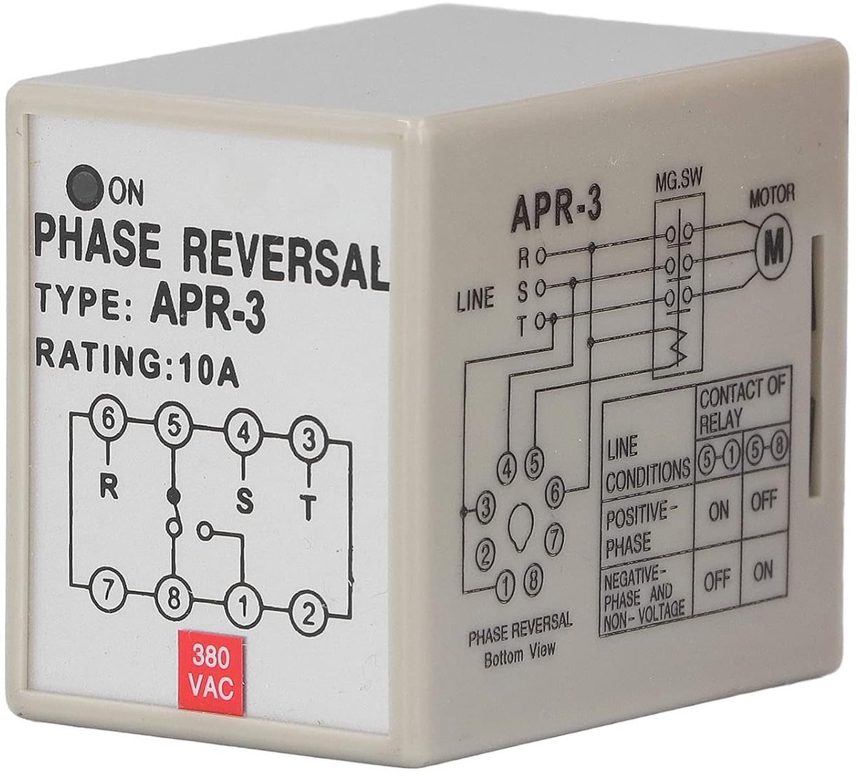 Fasebewakingsrelais voor 3-fase motoren, 10A, fasevolgcontroller met verliesomkering bescherming en motorbesturing (380V)