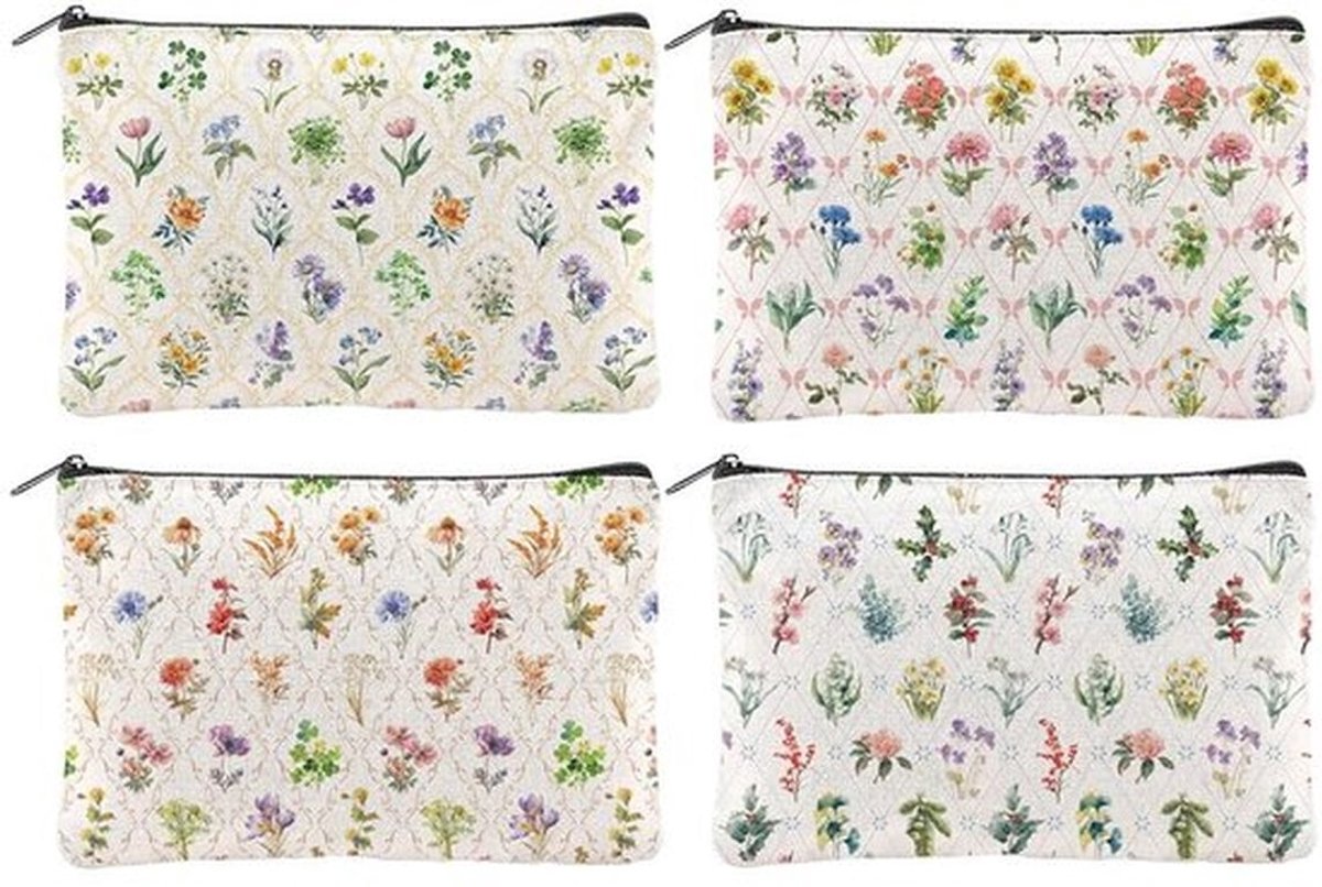 Make-uptassen 4 Stuks - Bloementassen - Reis-toilettas voor Vrouwen - Zeildoek - Ritssluiting - 15 x 23 cm