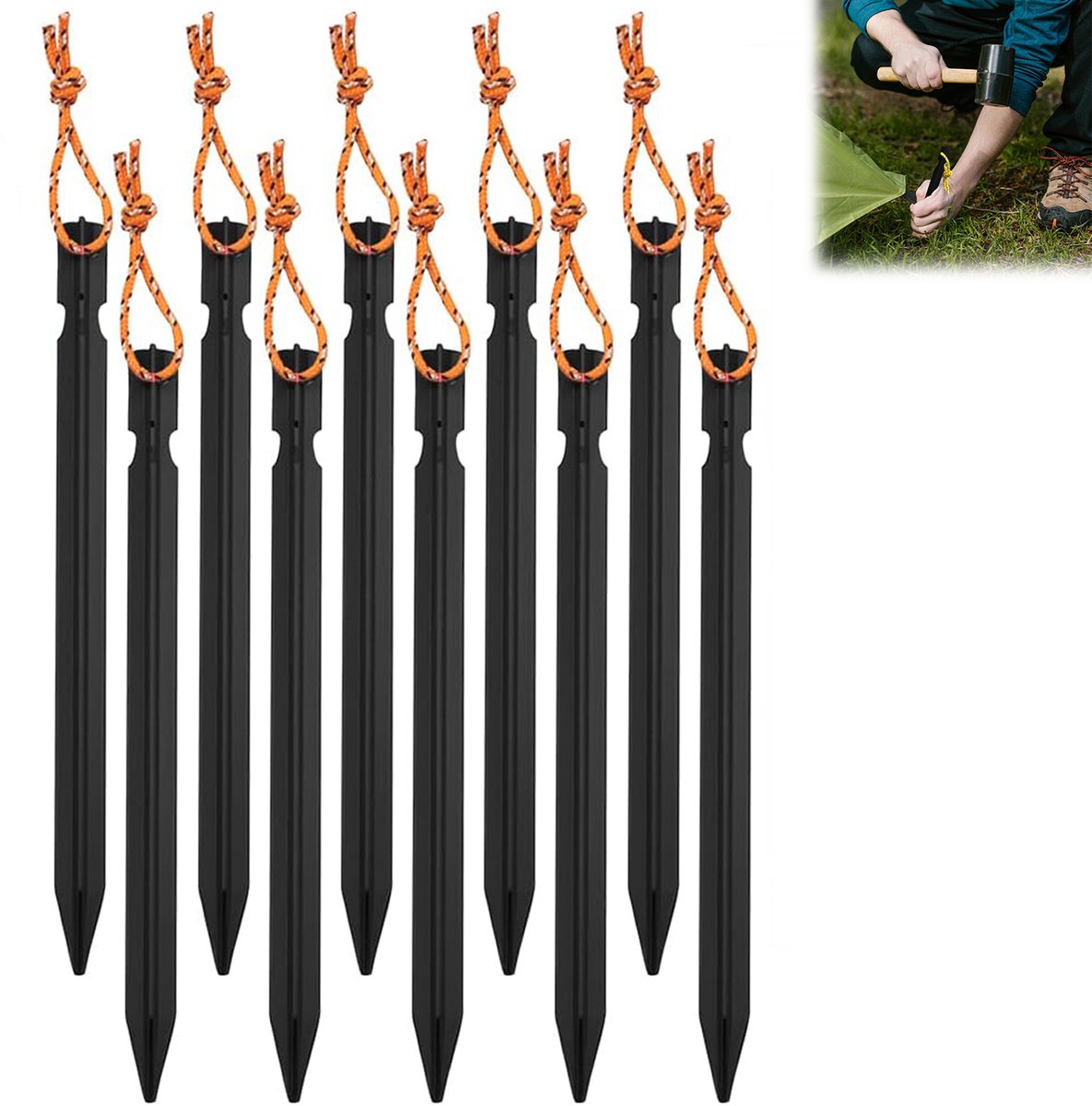 Set van 10 tentstokken- 18 cm ultralichte aluminium grondpinnen met reflecterend touw | Roestvrij- voor kamperen- backpacken- wandelen- hangmatten- luifels en andere buitenactiviteiten- zwart