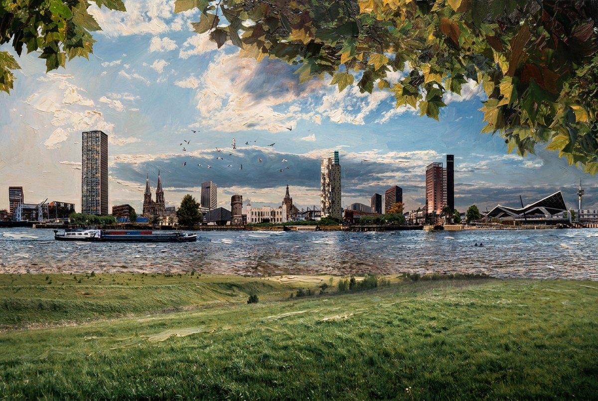 Atelier Iconique Skyline Tilburg Luxury Oil Painting Skylines - Print op Canvas 90x60 cm - Atelier Iconique rijke, warme en premium kunsttinten
