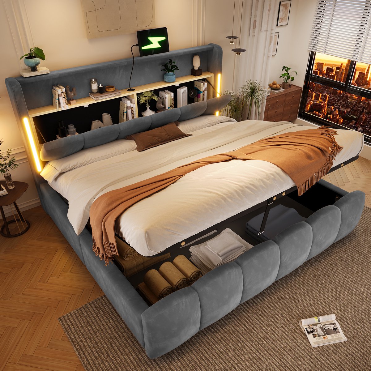 Gestoffeerd Bed 180x200 cm - Met LED-Verlichting - Met Opbergruimte - Met USB-Oplaadpunt - Grijs