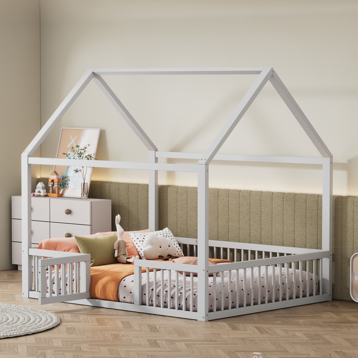 Houten Bed 140x200 cm - Met USB-Oplaadpunt - Huisvorm - Wit