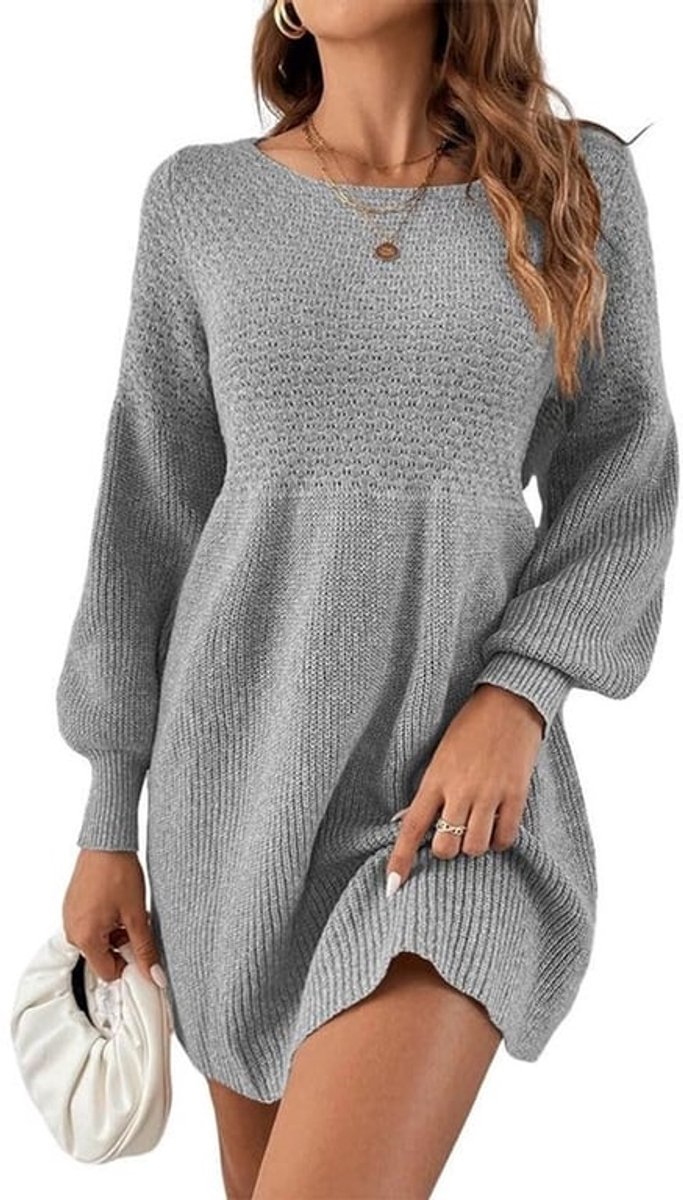 Damesjurk Hoog Getailleerd - Gebreide Jurk - Pofmouwen - A-lijn - Mini-jurk - Casual/Comfortabel - Trui-jurk