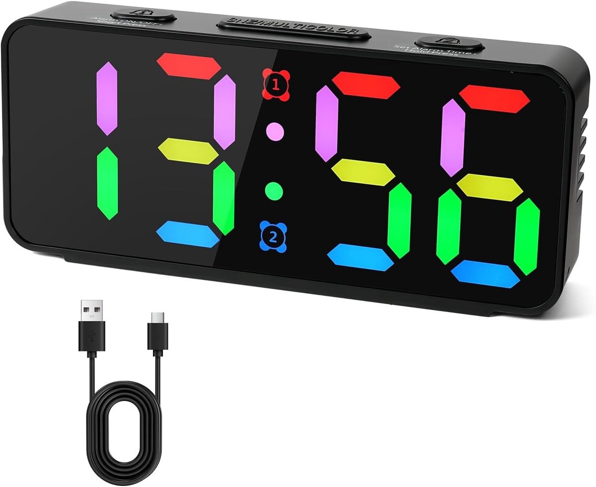 Digitale Wekker - Veelkleurig - 13 x 5.6 x 2.5 cm - LED Klok met USB Opladen - Voor Slaapkamer en Kantoor