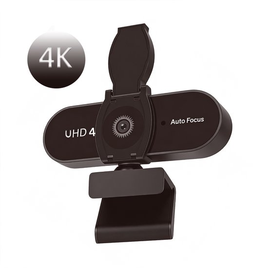 Zwarte webcam met klapbaar scherm en "4K", "UHD 4K" en "Auto Focus" tekst. De webcam staat op een zwarte standaard.
