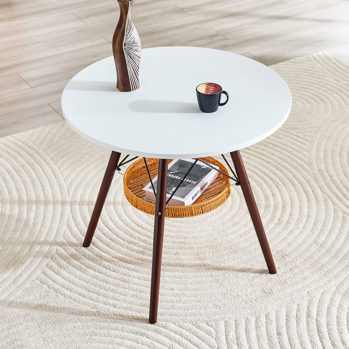 Wishdor Ronde eettafel - 80 cm - Wit mdf blad - Walnoothouten poten - Opbergmand - Scandinavisch design - Voor 2 tot 4 personen