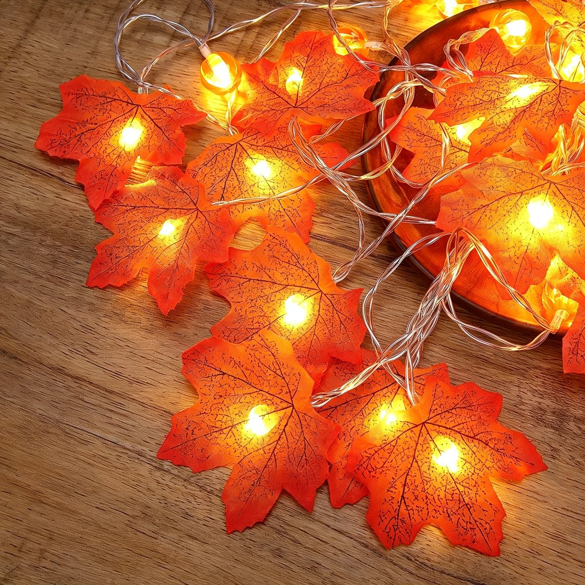 Rosnek 2 Stuks Herfst Lichtsnoer met Esdoornbladeren en Pompoenen - Warm Witte LED Decoratie - Batterijgevoed - 10 LED - Halloween en Thanksgiving