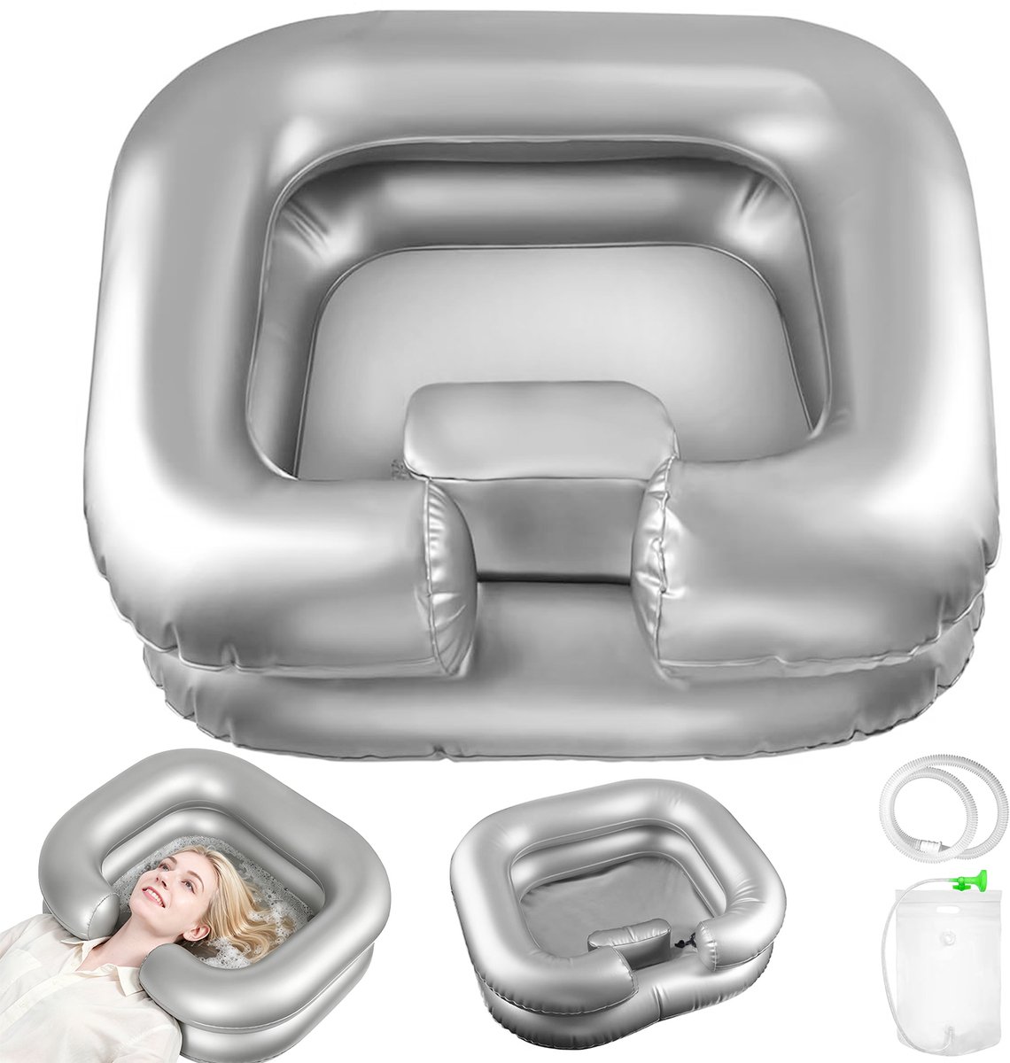Opblaasbare Wasbak - Wasbak Voor Bed - Draagbaar Haarwasbak - Mobiele Wastafel - 60x50x20 cm - Opvouwbare - met Hoofdsteun & Afvoerslang - Voor Bed en Kamperen - Ouderenzorg