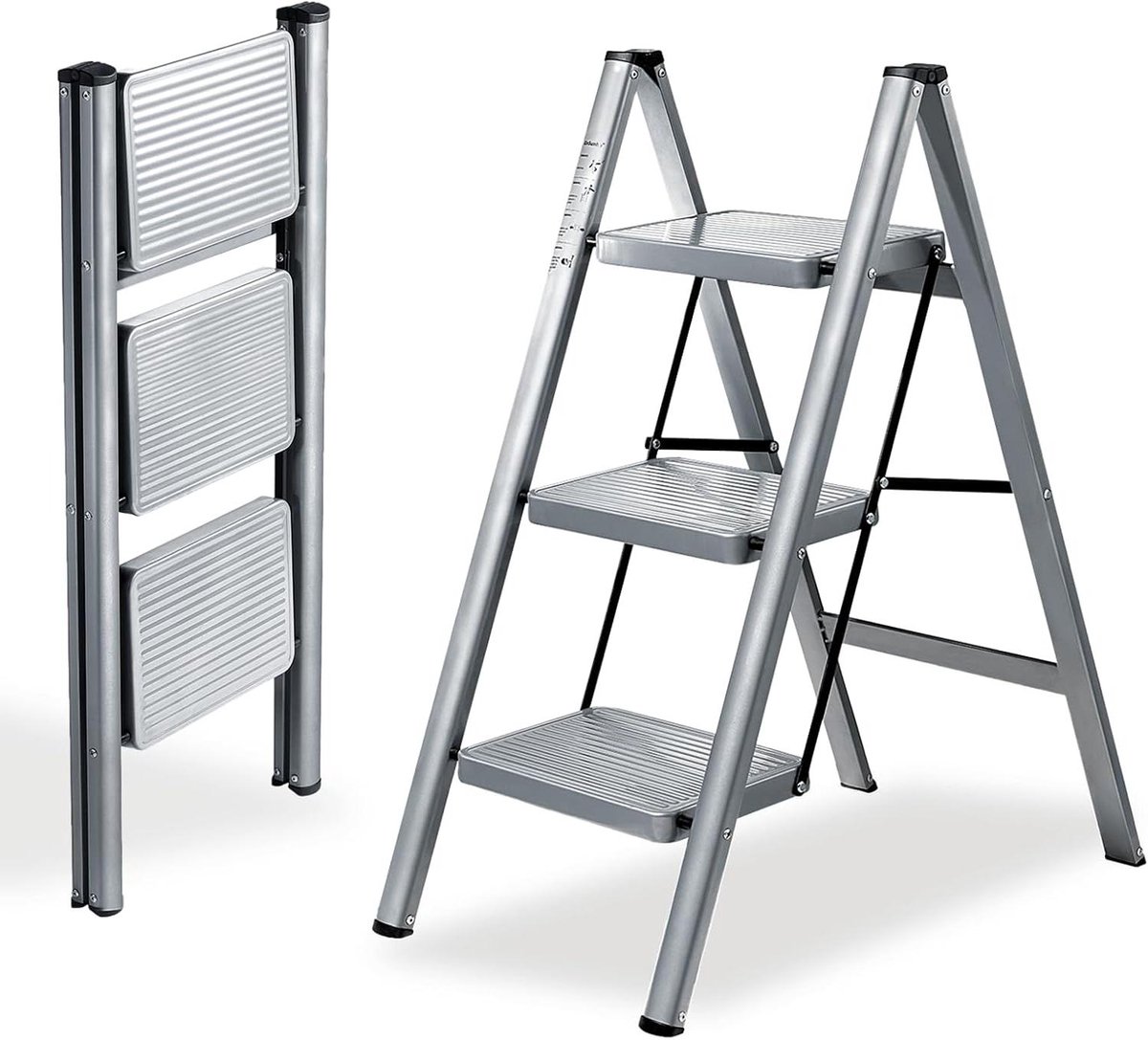 Vouwladder met 3 treden - Huishoudladder Trapladder - Klussen in huis - Antislip treden - 150 kg belasting - Grijs