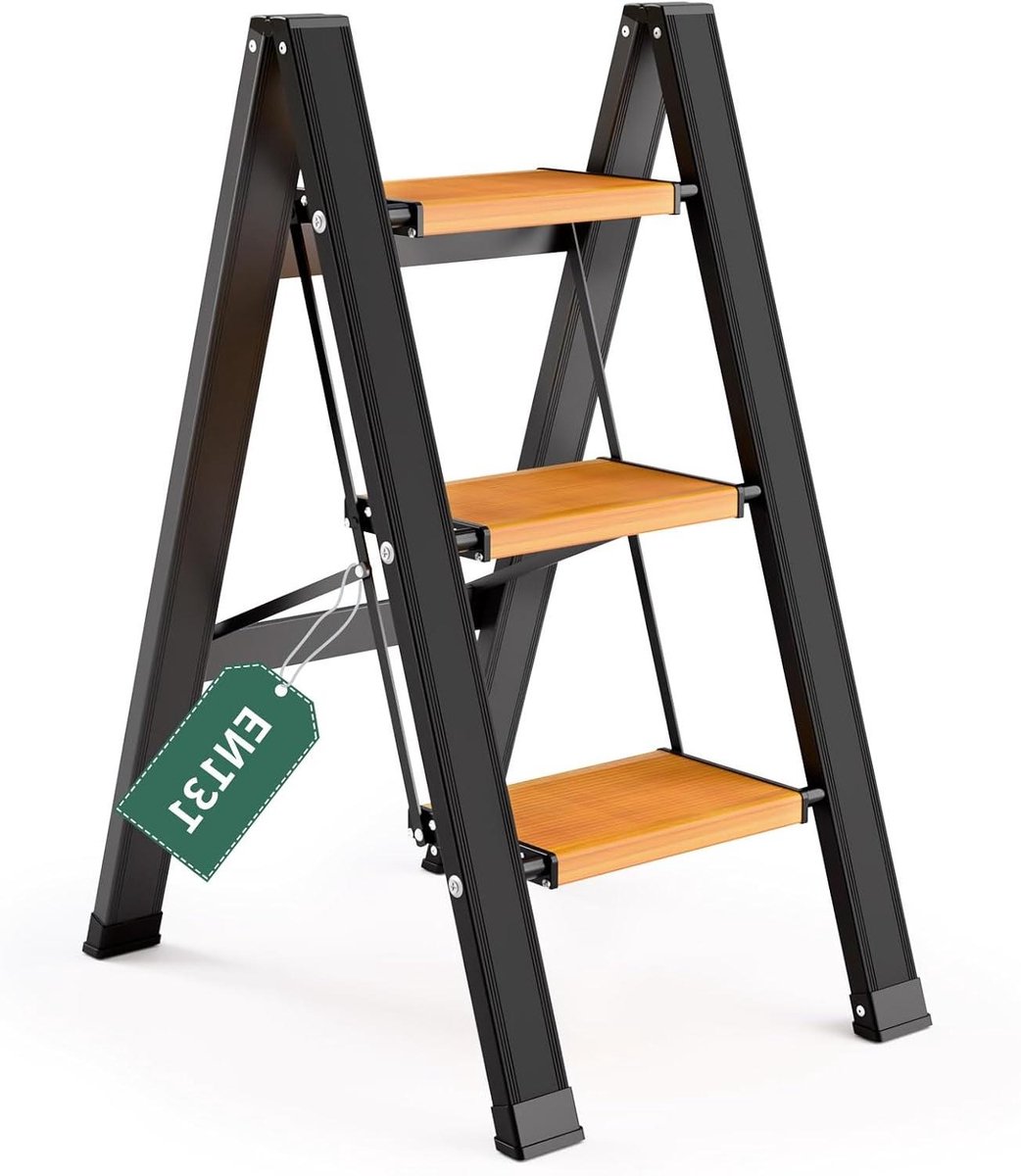 Aluminium trapladder - Vouwladder klaptrap - Huishoudelijke klussen - Antislip treden - 3 treden - Zwart