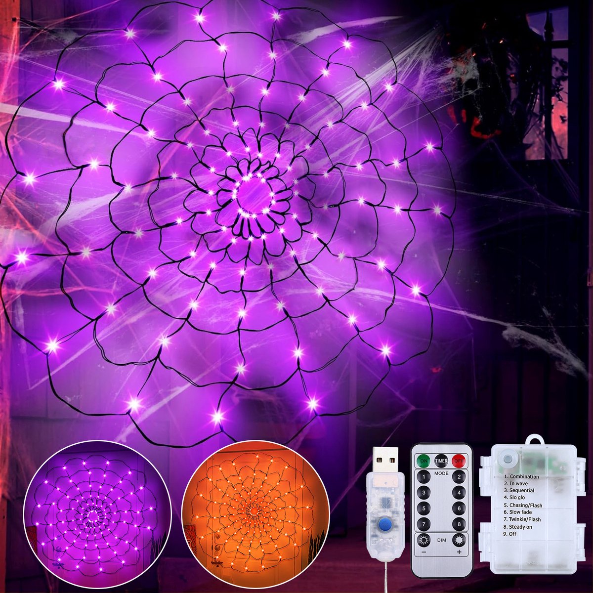 Rosnek Halloween Spinnenweb Verlichting - 70 LED - 8 Lichtmodi - Afstandsbediening en Timer - Dimbaar - Paars - USB