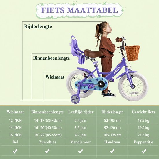 Rully Meisjesfiets - 12/14/16 inch - Fruitendesign - Met Zijwieltjes, Bruine Rieten Mand en Poppenzitje -Paars — afbeelding 5