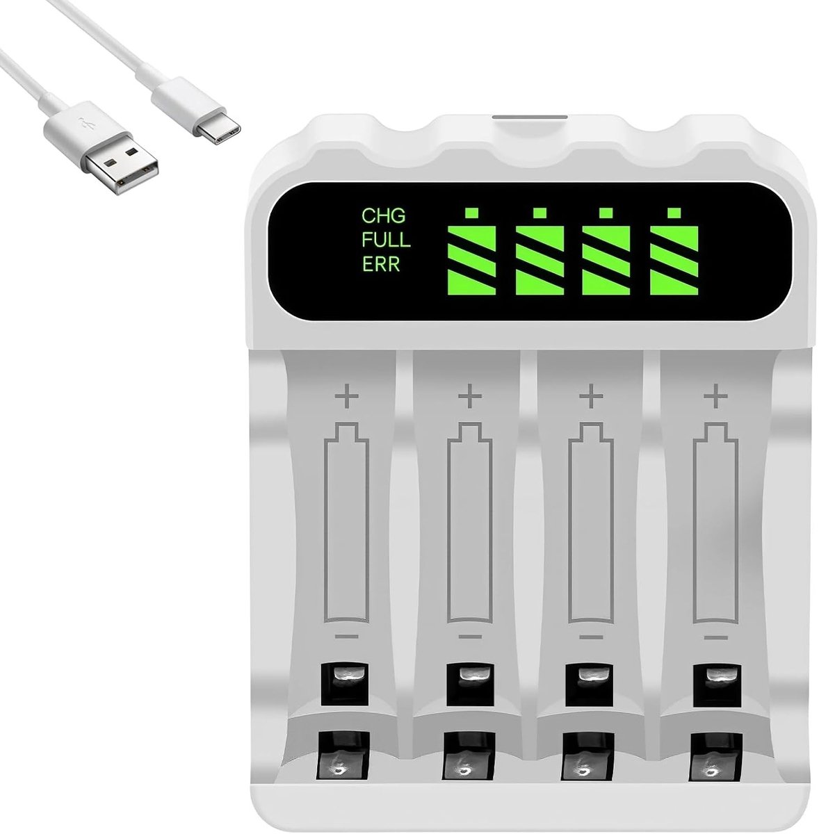 Oplaadbare Batterijlader AA AAA - Wit - 4 Sleuven - Met LCD-Display en USB-kabel - Voor Thuis en Kantoor