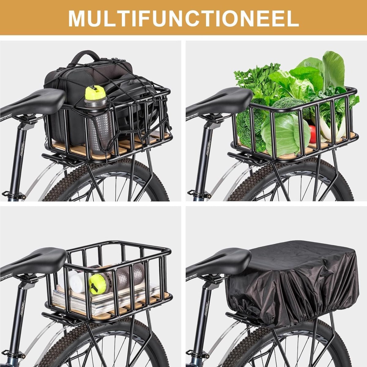 Fietsmand Achter - Zwart - Met Houten Bodem - Waterdicht met Cargo-net - Voor Fiets en E-bike
