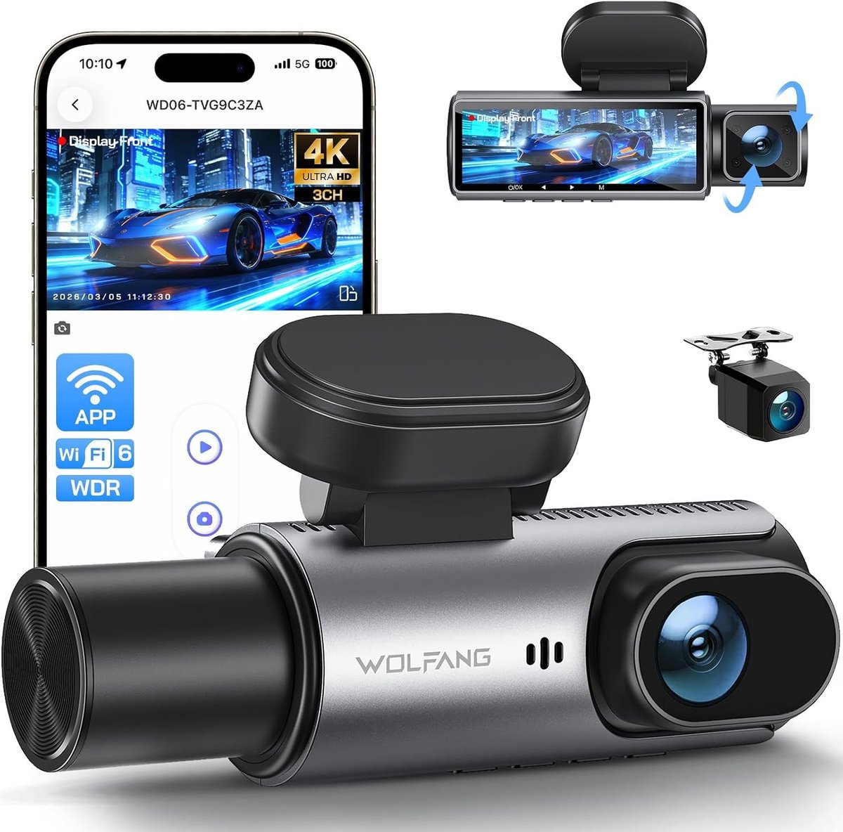 Dashcam - Zwart - 3-kanaals - Met Ingebouwde Wifi en Nachtzicht - Voor Auto